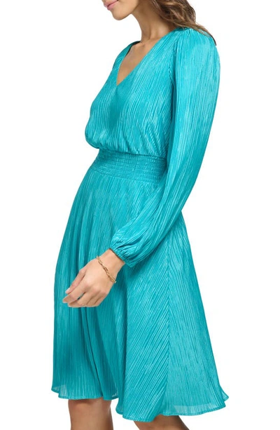 Shop Kensie Pleated V-neck Long Sleeve A-line Dress In Lagoon