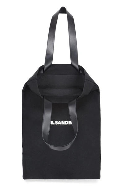 Jil Sander Black Tote Bag With Logo Print In Canvas Woman In Black