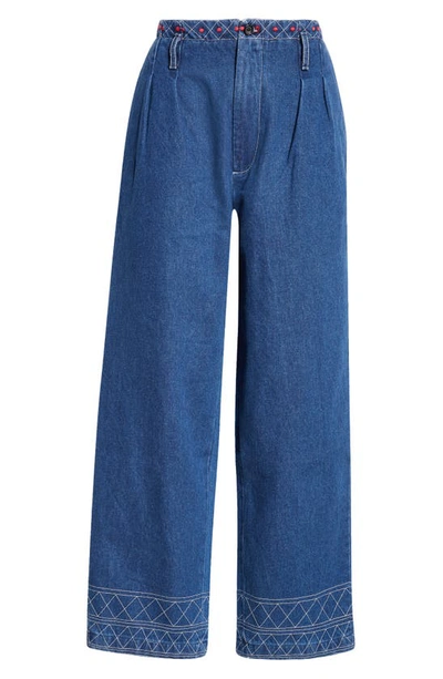 Shop Bode Murray Embroidered Wide Leg Jeans In Indigo