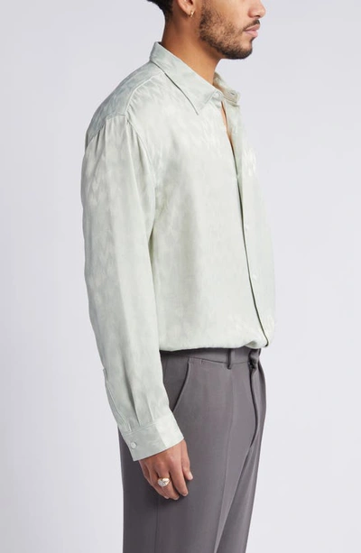 Shop Open Edit Jacquard Stretch Satin Button-up Shirt In Green Silicate