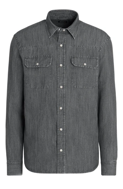 Shop Zegna Cotton & Linen Chambray Snap-up Shirt In Grey