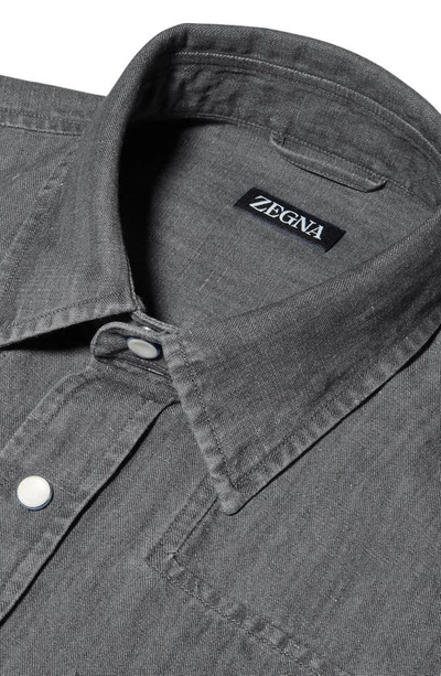 Shop Zegna Cotton & Linen Chambray Snap-up Shirt In Grey