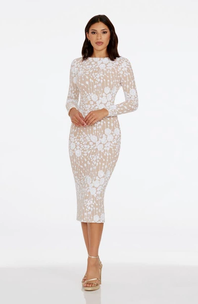 Shop Dress The Population Emery Sequin Long Sleeve Body-con Midi Dress In White/ Beige