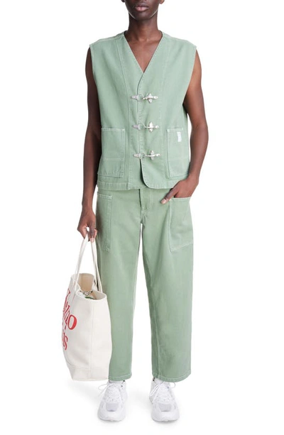 Shop Kenzo Elephant Flag Cotton Twill Work Vest In Almond Green