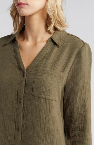 Shop Caslon Cotton Gauze Long Sleeve Midi Shirtdress In Olive Sarma