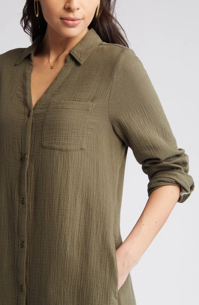 Shop Caslon Cotton Gauze Long Sleeve Midi Shirtdress In Olive Sarma