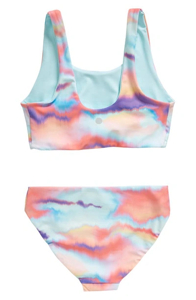 Shop Zella Girl Kids' Tie Front Reversible Two-piece Swimsuit In Teal Retreat Blurred Wave