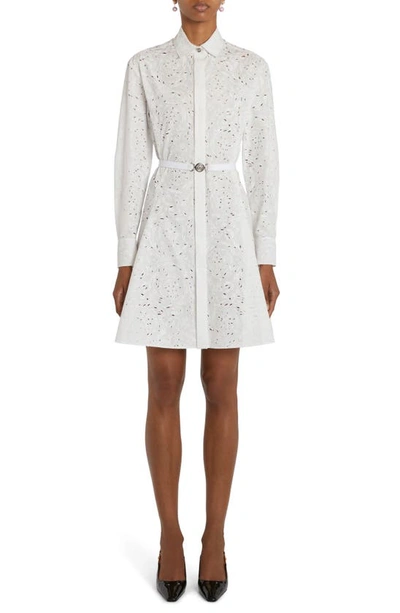 Shop Versace Barocco Embroidered Long Sleeve Belted Shirtdress In Optical White