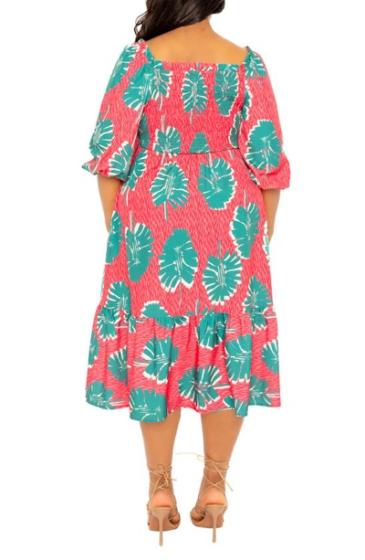 Buxom Couture Print Smocked Midi Dress In Pink Multi