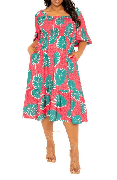 Buxom Couture Print Smocked Midi Dress In Pink Multi
