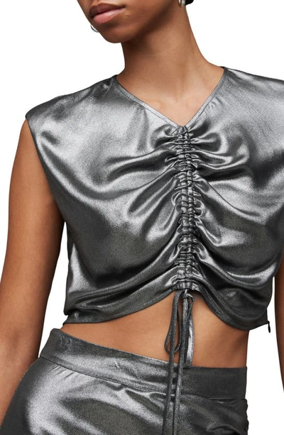 Allsaints Carla Gathered Metallic Cropped Top In Gunmetal Grey