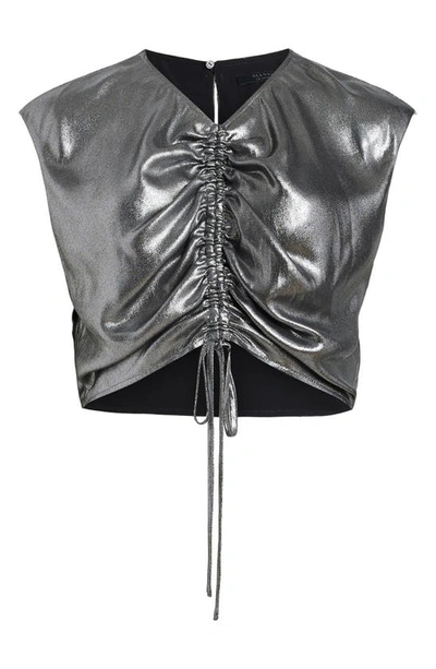 Allsaints Carla Gathered Metallic Cropped Top In Gunmetal Grey