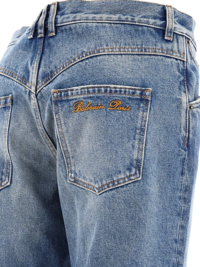 Shop Balmain Jeans With Logo Embroidery In Blue