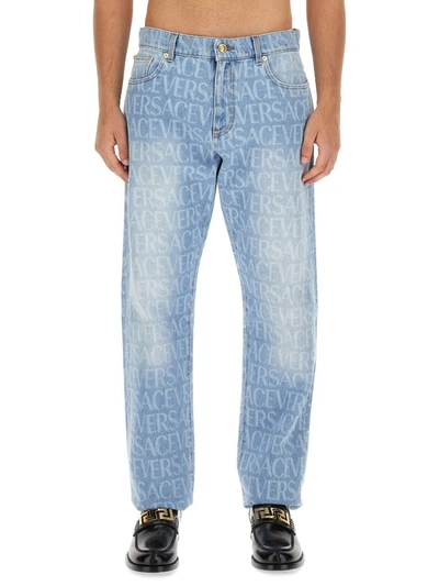 Shop Versace Jeans With Logo In Azure
