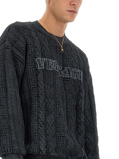 Shop Versace Knit With Greek Braid Work In Grey