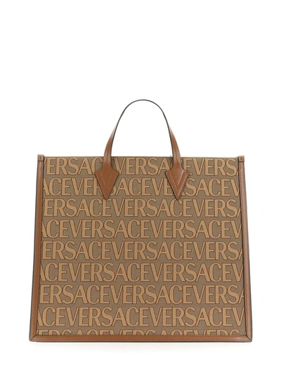 Versace Shopper Bag With Allover Logo In Burgundy