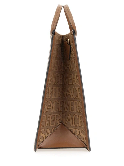 Versace Shopper Bag With Allover Logo In Burgundy