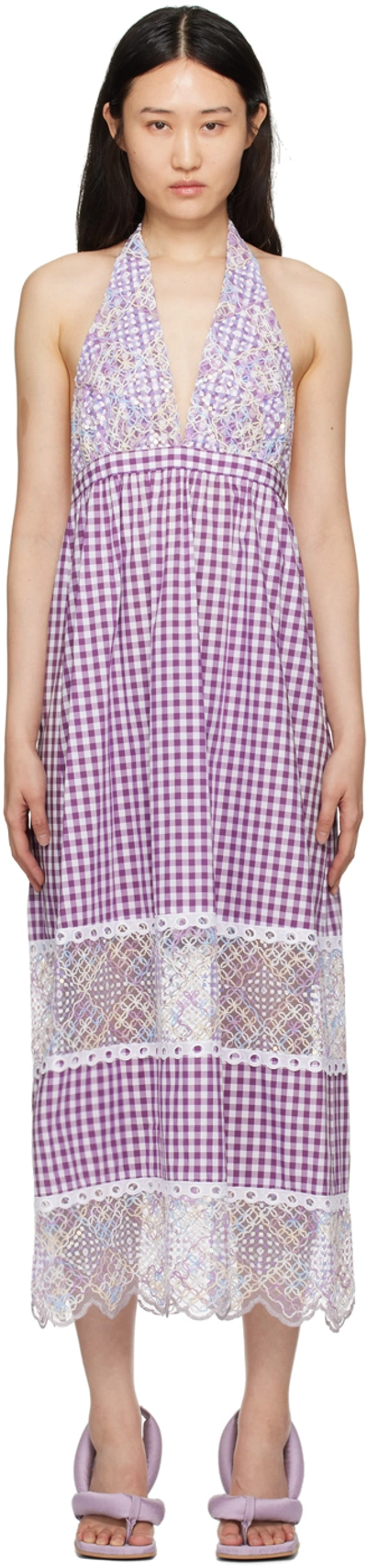 Shop Anna Sui Purple & White Gingham Maxi Dress In Orchid Multi