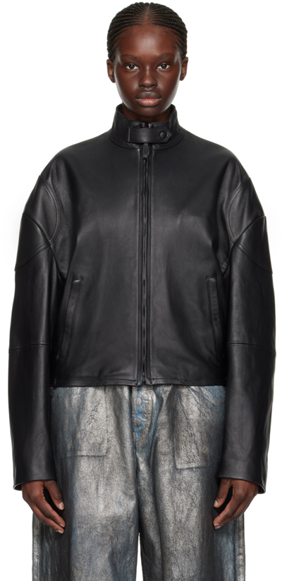 Shop Acne Studios Black Dropped Shoulder Leather Jacket In 900 Black