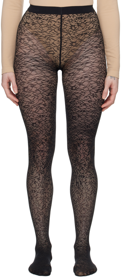 Shop Wolford Black Floral Jacquard Tights In 7005 Black