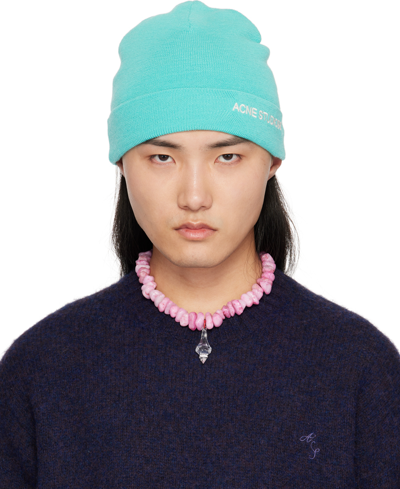 Shop Acne Studios Blue Embroidered Logo Beanie In Aap Turquoise Blue