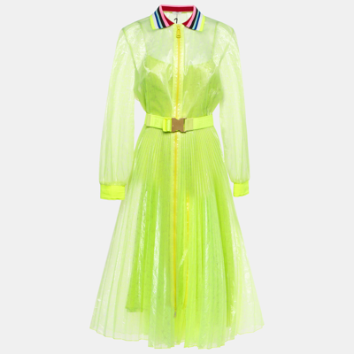 Pre-owned Fendi Neon Yellow Printed Synthetic Pleated Bleated Midi Dress M In Green