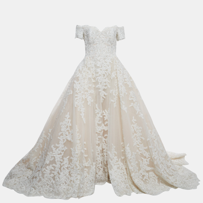 Pre-owned Zuhair Murad White Embroidered Tulle Wedding Gown M