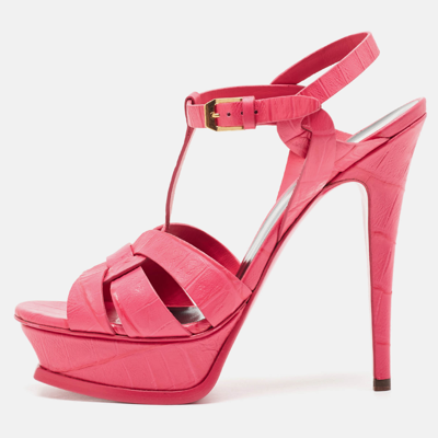 SAINT LAURENT Pre-owned Pink Croc Embossed Leather Tribute Sandals Size 38.5
