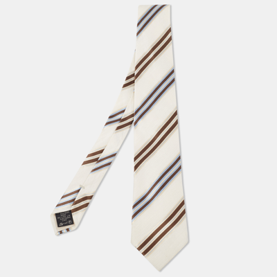 Pre-owned Ermenegildo Zegna Off White Striped Silk And Linen Tie