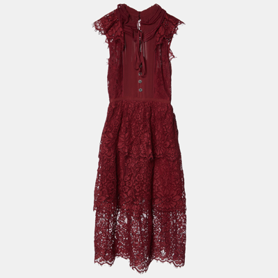 Pre-owned Self-portrait Maroon Cord Lace Tiered Midi Dress S In Burgundy