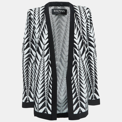 Pre-owned Balmain Black/white Patterned Knit Open Front Cardigan L