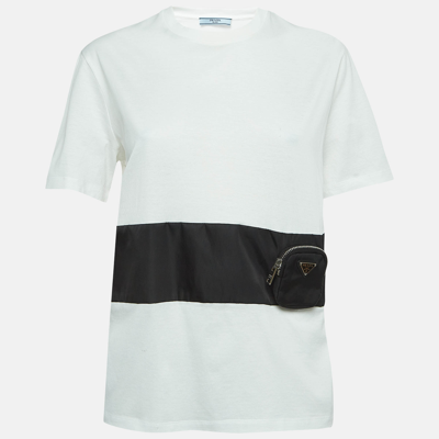 Pre-owned Prada White Cotton Knit Re-nylon Pouch Docking T-shirt L