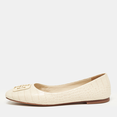Pre-owned Tory Burch Cream Croc Embossed Leather Georgia Ballet Flats Size 38.5