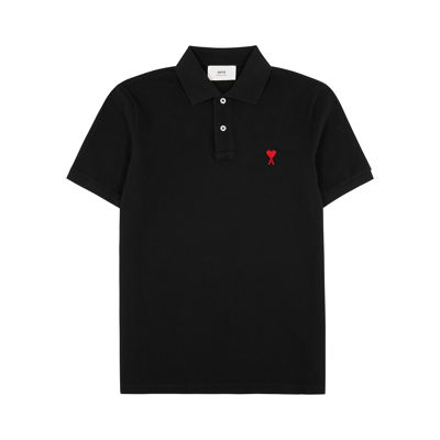 Shop Ami Alexandre Mattiussi Ami Paris Logo-embroidered Piqué Cotton Polo Shirt In Black