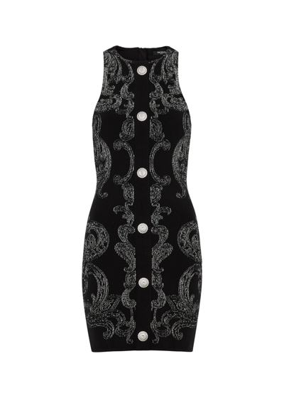 Shop Balmain Metallic Intarsia Stretch-knit Mini Dress In Black Other