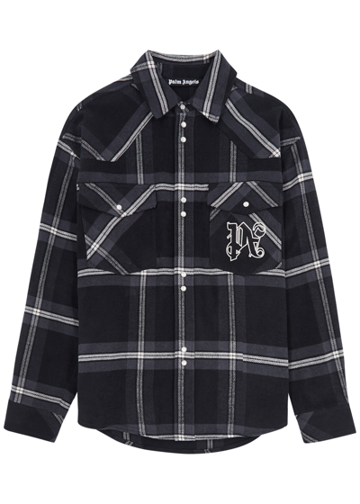 Shop Palm Angels Checked Logo Flannel Overshirt In Grey