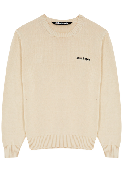 Shop Palm Angels Logo-embroidered Cotton Jumper In Off White