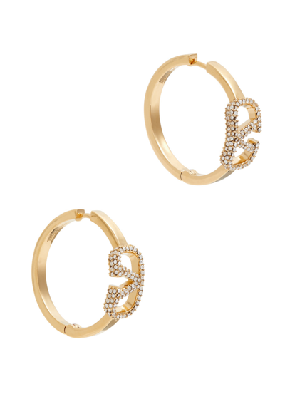 Shop Valentino Vlogo Crystal-embellished Hoop Earrings In Gold