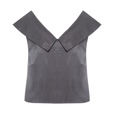 Shop Femponiq Off Shoulder Collared Crop Top (charcoal Grey)