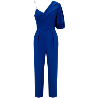 Shop Femponiq Peak Lapel Puff Sleeve Crepe Jumpsuit (royal Blue)