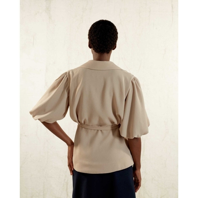 Shop Femponiq Draped Puff Sleeve Tailored Blouse (beige)
