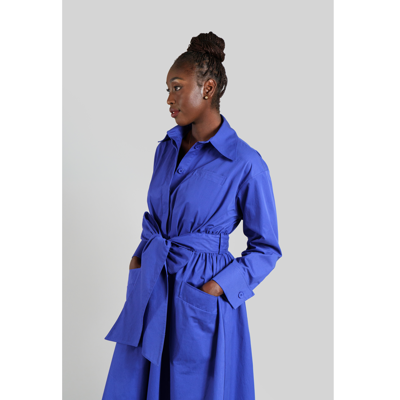 Shop Femponiq Cotton Belted Gathered Maxi Shirt Dress (vivid Blue)