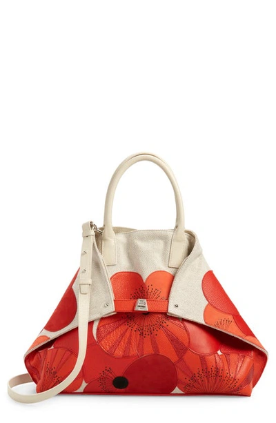 Shop Akris Medium Ai Poppies Leather & Canvas Convertible Tote In Red/white