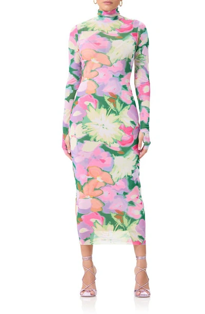 Shop Afrm Shailene Long Sleeve Turtleneck Mesh Dress In Spring Blossom