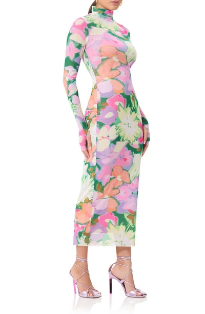 Afrm Shailene Long Sleeve Turtleneck Mesh Dress In Spring Blossom