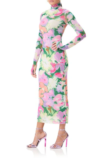 Afrm Shailene Long Sleeve Turtleneck Mesh Dress In Spring Blossom