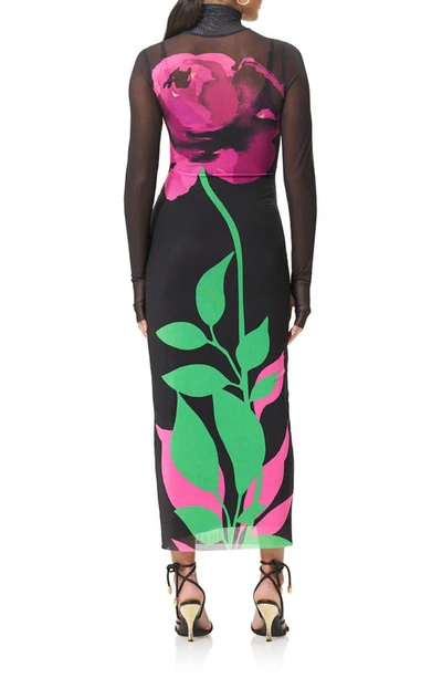 Afrm Shailene Long Sleeve Turtleneck Mesh Dress In Noir Placed Rose
