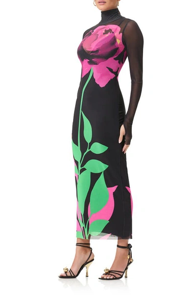 Afrm Shailene Long Sleeve Turtleneck Mesh Dress In Noir Placed Rose