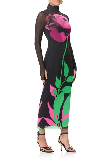 Shop Afrm Shailene Long Sleeve Turtleneck Mesh Dress In Noir Placed Rose