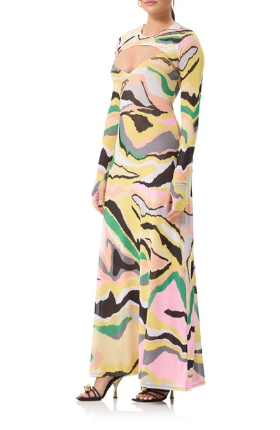 Shop Afrm Cyr Cutout Long Sleeve Maxi Dress With Shrug In Soft Linear Abstract